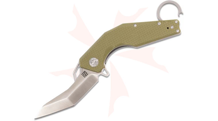 ArtisanCutlery Cobra 1811P-GNF Flipper Karambit 3.15 inch D2 Modified Tanto Blade, Textured Green G10 Handles with Gray Finger Ring