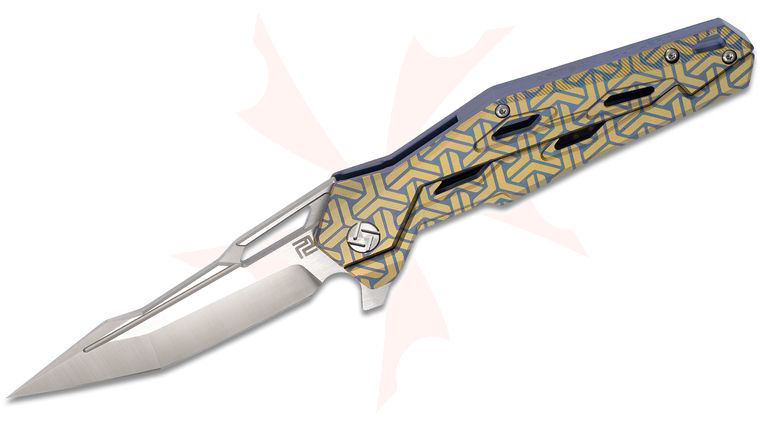 ArtisanCutlery Bombardier Flipper Knife 3.9 inch S35VN Satin Modified Tanto Blade, Gold and Blue Anodized Titanium Handles