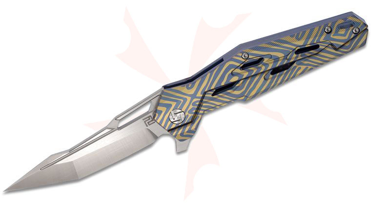 ArtisanCutlery Bombardier Flipper Knife 3.9 inch S35VN Satin Modified Tanto Blade, Blue and Gold Anodized Titanium Handles