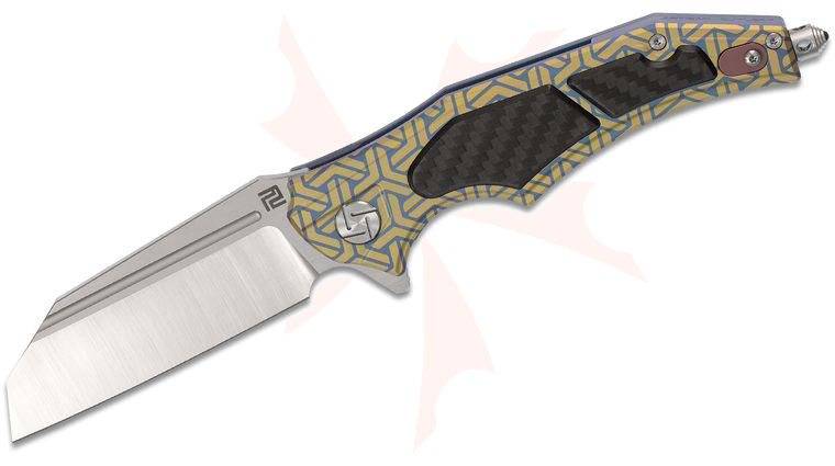 ArtisanCutlery Apache Nomad Flipper Knife 3.8 inch S35VN Wharncliffe Blade, Gold and Blue Anodized Titanium Handles w/ Carbon Fiber Onlays