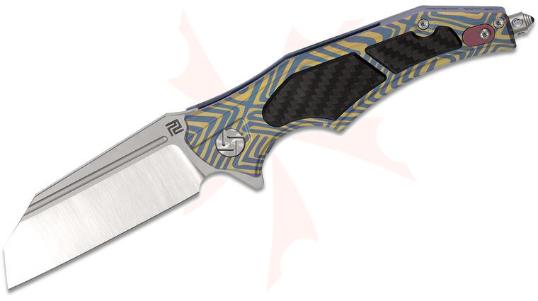 ArtisanCutlery Apache Nomad Flipper Knife 3.8 inch S35VN Wharncliffe Blade, Blue and Gold Anodized Titanium Handles w/ Carbon Fiber Onlays
