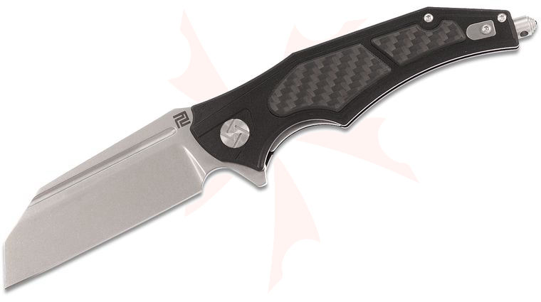 ArtisanCutlery Apache Nomad Flipper Knife 3.82 inch D2 Wharncliffe Blade, Black Aluminum Handles with Carbon Fiber Onlays