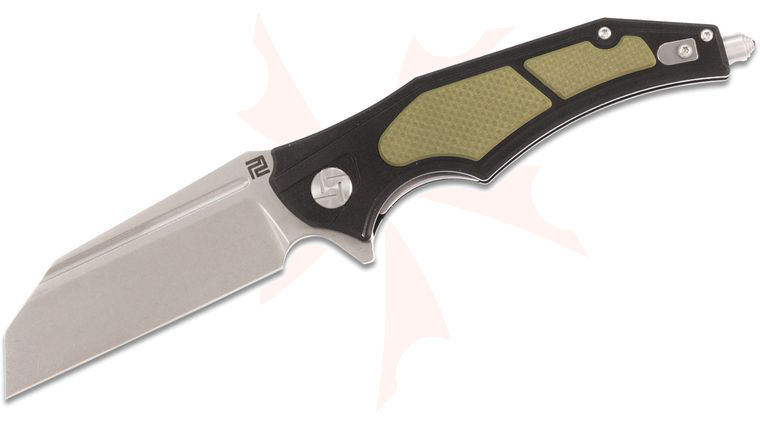 ArtisanCutlery Apache Nomad Flipper Knife 3.82 inch D2 Wharncliffe Blade, Black Aluminum Handles with Green G10 Onlays