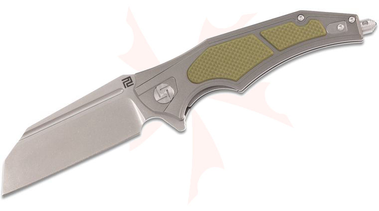 ArtisanCutlery Apache Nomad Flipper Knife 3.82 inch D2 Wharncliffe Blade, Aluminum Handles with Green G10 Onlays