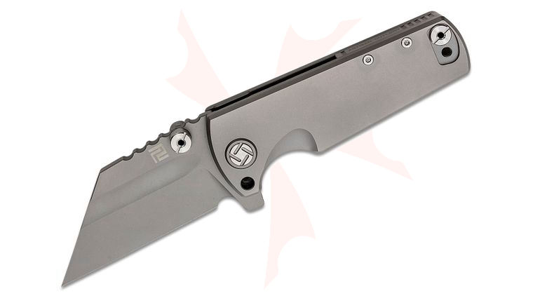ArtisanCutlery Dirk Pinkerton Proponent Flipper Knife 3.85 inch M390 Bead Blast Wharncliffe Blade, Gray Anodized Titanium Handles - KnifeCenter Exclusive