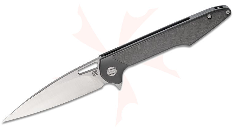 ArtisanCutlery Archaeo Flipper Knife 3.82 inch M390 Drop Point Blade, Black Titanium Handles w/ Carbon Fiber Inlay 