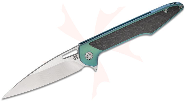 ArtisanCutlery Archaeo Flipper Knife 3.82 inch M390 Drop Point Blade, Green Titanium Handles w/ Carbon Fiber Inlay 