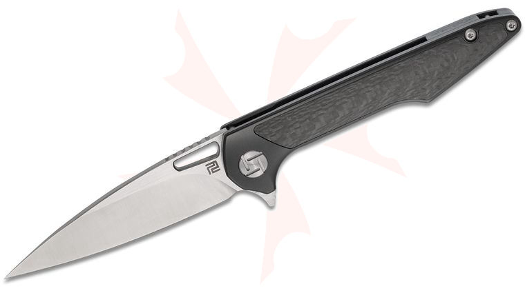 ArtisanCutlery Small Archaeo Flipper Knife 3 inch M390 Drop Point Blade, Black Titanium Handles w/ Carbon Fiber Inlay 