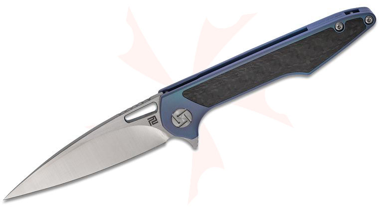 ArtisanCutlery Small Archaeo Flipper Knife 3 inch M390 Drop Point Blade, Blue Titanium Handles w/ Carbon Fiber Inlay 