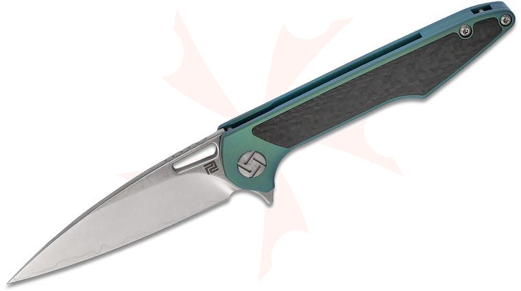 ArtisanCutlery Small Archaeo Flipper Knife 3 inch VG-10 Damascus Drop Point Blade, Green Titanium Handles w/ Carbon Fiber Inlay 