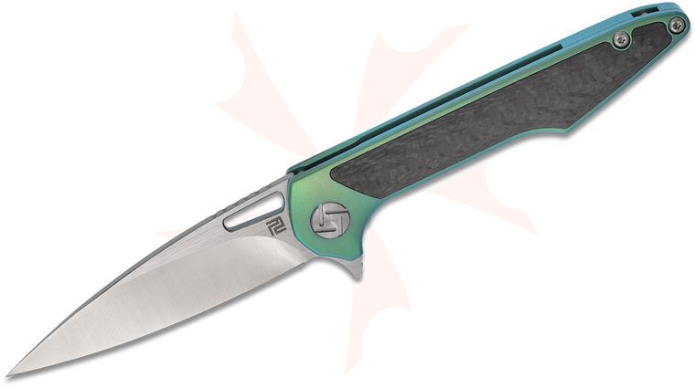 ArtisanCutlery Small Archaeo Flipper Knife 3 inch M390 Drop Point Blade, Green Titanium Handles w/ Carbon Fiber Inlay 