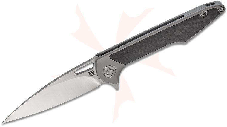 ArtisanCutlery Small Archaeo Flipper Knife 3 inch M390 Drop Point Blade, Gray Titanium Handles w/ Carbon Fiber Inlay 