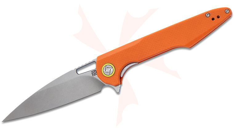 ArtisanCutlery Archaeo Flipper Knife 3.86 inch D2 Stonewashed Drop Point Blade, Textured Orange G10 Handles