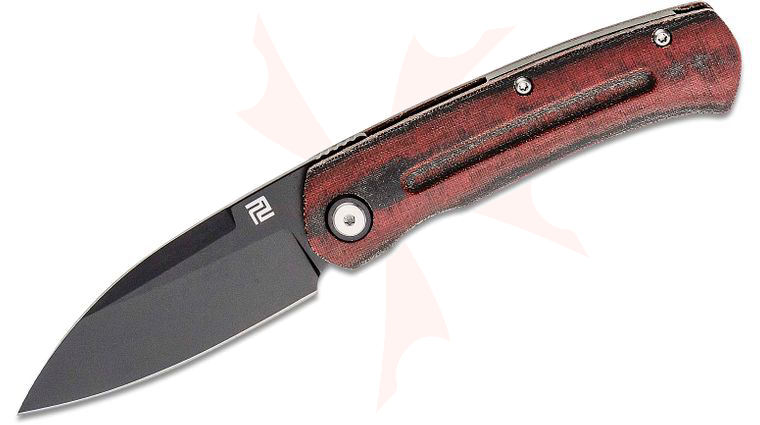 ArtisanCutlery Small Centauri Front Flipper Knife 2.87 inch CPM-S35VN Black Drop Point Blade, Black/Red Layered Micarta Handles - KnifeCenter Exclusive