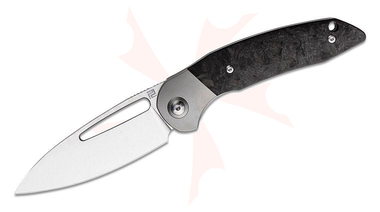 ArtisanCutlery Tylos Front Flipper Knife 3.21 inch Satin S35VN Modified Wharncliffe Point Blade, Marbled Carbon Fiber Handles with Gray Titanium Bolsters