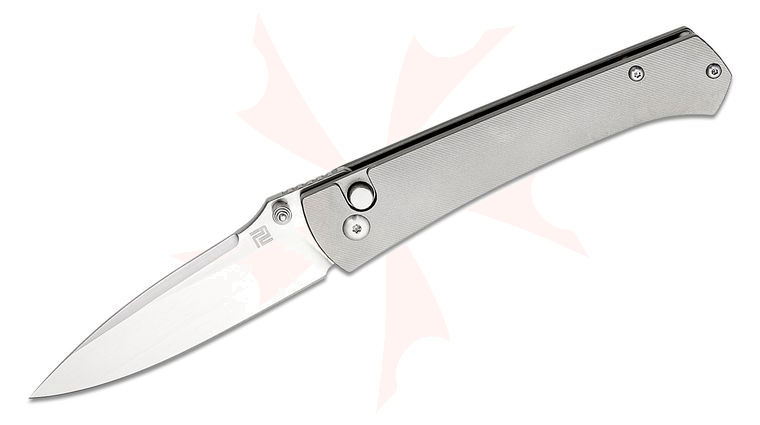 ArtisanCutlery Andromeda Folding Knife 3.42 inch CPM-S35VN Polished Drop Point Blade, Gray Titanium Handles