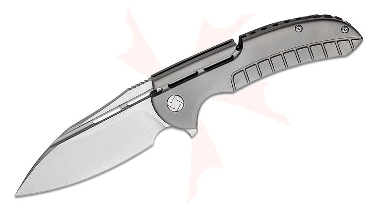 ArtisanCutlery Valor Flipper Knife 3.53 inch S35VN Satin Modified Wharncliffe Blade, Gray Titanium Handles