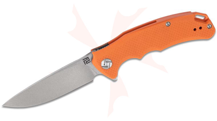 ArtisanCutlery Tradition Flipper Knife 3.07 inch D2 Stonewashed Drop Point Blade, Orange G10 Handles