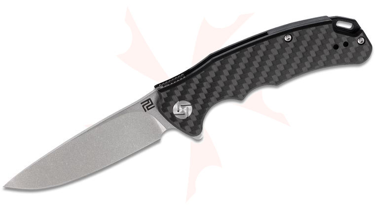 ArtisanCutlery Tradition Flipper Knife 3.07 inch D2 Stonewashed Drop Point Blade, Carbon Fiber Handles