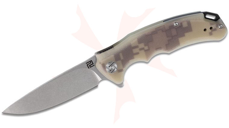 ArtisanCutlery Tradition Flipper Knife 3.07 inch D2 Stonewashed Drop Point Blade, Camo G10 Handles
