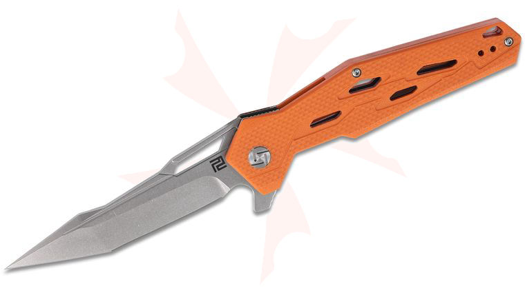 ArtisanCutlery Bombardier Flipper Knife 3.86 inch D2 Stonewash Modified Tanto Blade, Orange G10 Handles