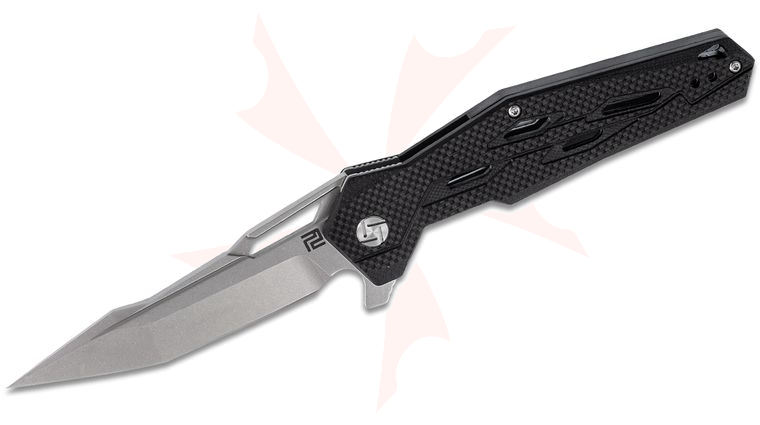 ArtisanCutlery Bombardier Flipper Knife 3.86 inch D2 Stonewash Modified Tanto Blade, Black G10 Handles
