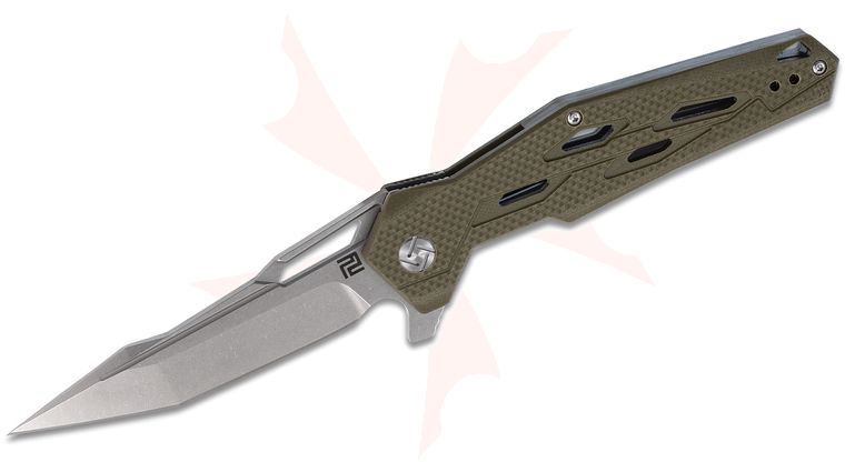 ArtisanCutlery Bombardier Flipper Knife 3.86 inch D2 Stonewash Modified Tanto Blade, Green G10 Handles
