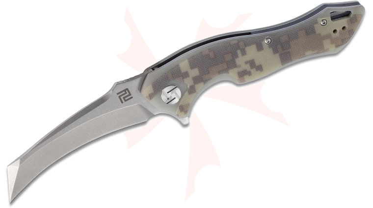 ArtisanCutlery Eagle Flipper Knife 3.46 inch Stonewashed D2 Hawkbill Blade, Camo G10 Handles