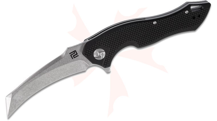 ArtisanCutlery Eagle Flipper Knife 3.46 inch Stonewashed D2 Hawkbill Blade, Black G10 Handles