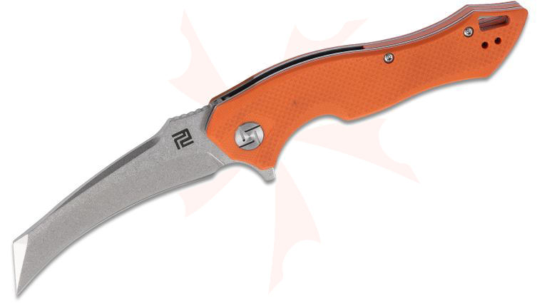 ArtisanCutlery Eagle Flipper Knife 3.46 inch Stonewashed D2 Hawkbill Blade, Orange G10 Handles
