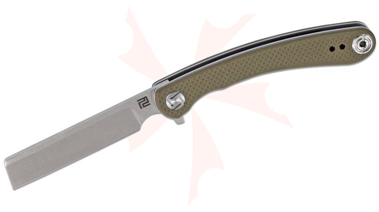 ArtisanCutlery Orthodox Flipper Knife 2.95 inch Stonewashed Razor Blade, Green G10 Handles