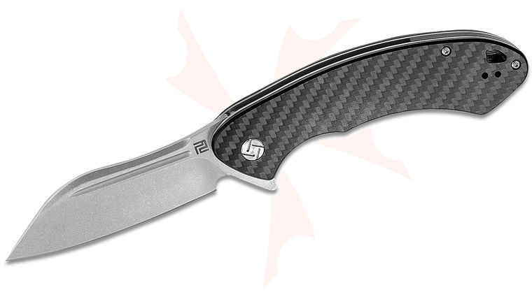 ArtisanCutlery Eterno Flipper Knife 3.54 inch Stonewashed D2 Modified Sheepsfoot Blade, Carbon Fiber Handles