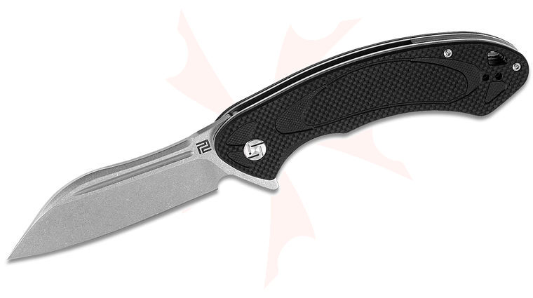 ArtisanCutlery Eterno Flipper Knife 3.54 inch Stonewashed D2 Modified Sheepsfoot Blade, Milled Black G10 Handles