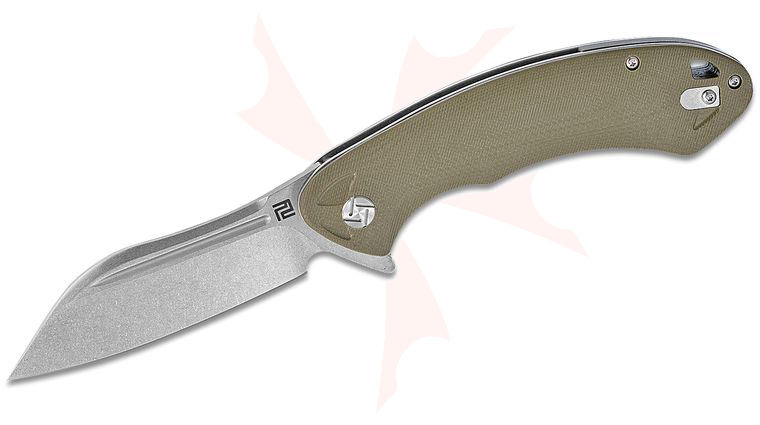 ArtisanCutlery Eterno Flipper Knife 3.54 inch Stonewashed D2 Modified Sheepsfoot Blade, Contoured Green G10 Handles