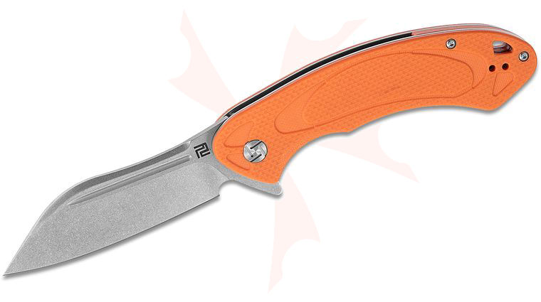 ArtisanCutlery Eterno Flipper Knife 3.54 inch Stonewashed D2 Modified Sheepsfoot Blade, Milled Orange G10 Handles