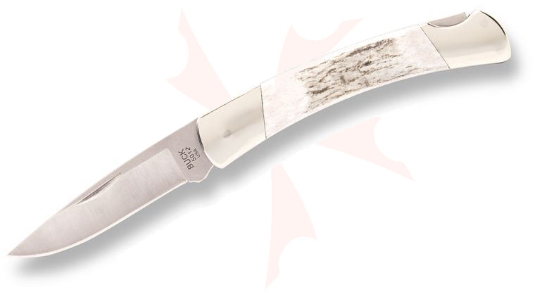 Buck Legacy 501 Squire Lockback Folding Knife 2.75 inch 420HC Satin Drop Point Blade, Genuine Elk Antler Handles with Nickel Silver Bolsters, Black Leather Sheath