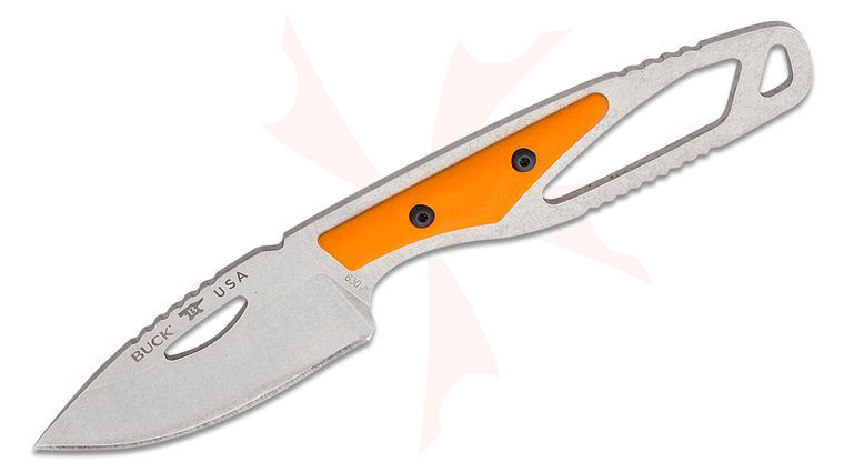 Buck 630ORS PakLite Hide Select Fixed Blade Knife 2.75 inch Stonewashed Drop Point Blade, Skeletonized Steel Handle with Orange GFN Handle Slabs, Polypropylene Sheath
