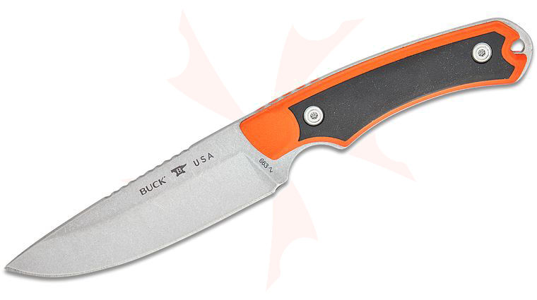 Buck 663 Alpha Guide Select Fixed Blade Knife 4.5 inch 420HC Stonewashed Drop Point, Orange GFN Handles with Versaflex Inserts, Polyester Sheath