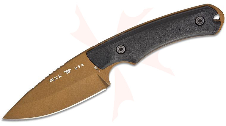 Buck 664 Alpha Hunter Backcountry Fixed Blade Knife 3.625 inch 420HC Bronze Cerakote Drop Point, Black VeraFlex Rubber Handles, Kydex Sheath