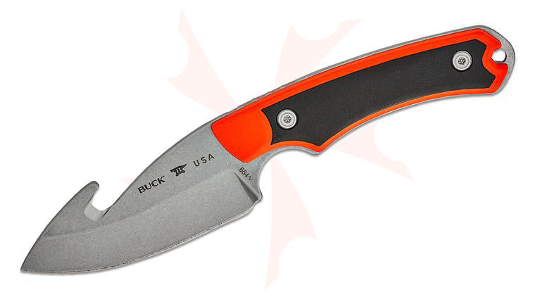 Buck 664 Alpha Hunter Select Fixed Blade Knife 3.75 inch 420HC Stonewashed Gut Hook, Orange GFN Handles with Versaflex Inserts, Polyester Sheath