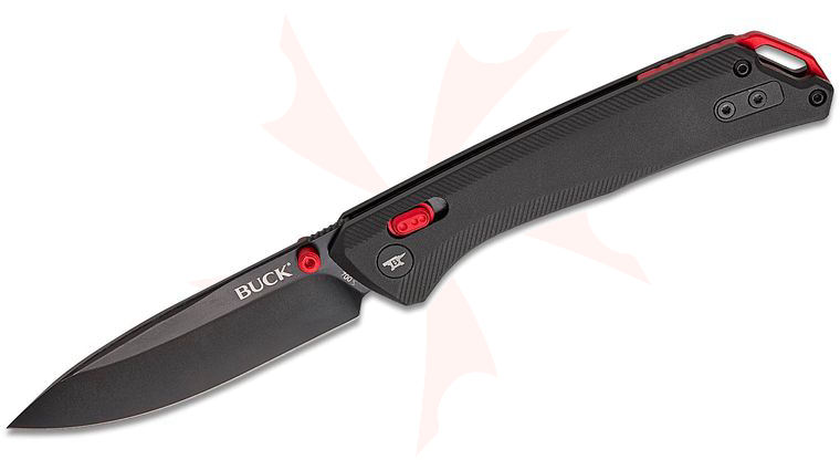 Buck 700 Nomad Crossbar Lock Folding Knife 3.25 inch D2 Black Drop Point Blade, Black Anodized Aluminum Handles, Red Accents
