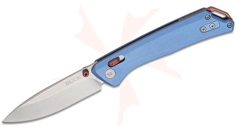Buck 700 Nomad Crossbar Lock Folding Knife 3.25 inch D2 Stonewashed Drop Point Blade, Blue Anodized Aluminum Handles, Bronze Accents