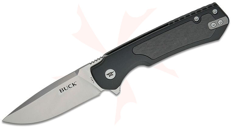 Buck 0714BKS Stinger Frame Lock Flipper Knife 3 inch D2 Satin Drop Point Blade, Black Aluminum and Steel Handle and Carbon Fiber Inlay