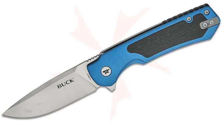 Buck 0714BLS Stinger Frame Lock Flipper Knife 3 inch D2 Satin Drop Point Blade, Blue Aluminum and Steel Handle and Carbon Fiber Inlay