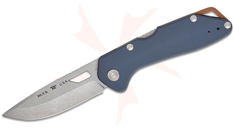 Buck 724 Mustang Folding Knife 3.25 inch 420HC Bead Blasted Drop Point Blade, Dark Blue Anodized Aluminum Handles