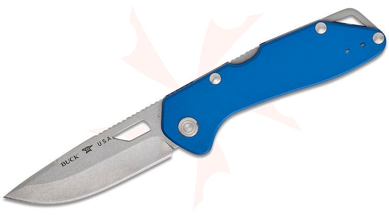 Buck 724 Mustang Folding Knife 3.25 inch 420HC Bead Blasted Drop Point Blade, Blue Anodized Aluminum Handles