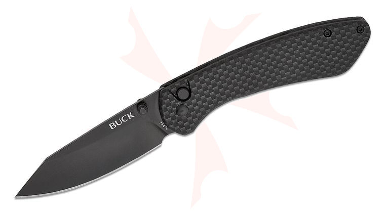 Buck 744 Sovereign Button Lock Folding Knife 3.225 inch Black TiNi Modified Clip Point Blade, Carbon Fiber Handles