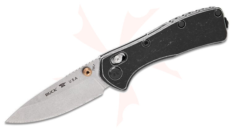 Buck 0790BKS2 Mini Range Trail Worn Elite Crossbar Lock Folding Knife 2.625 inch CPM-MagnaCut Stonewashed Drop Point Blade, Tumbled Black Aluminum Handles