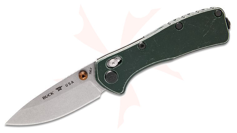 Buck 0790GRS2 Mini Range Trail Worn Elite Crossbar Lock Folding Knife 2.625 inch CPM-MagnaCut Stonewashed Drop Point Blade, Tumbled Green Aluminum Handles