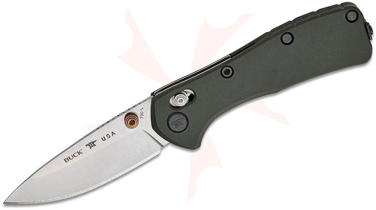 Buck 0790GRS Mini Range Elite Crossbar Lock Folding Knife 2.625 inch CPM-MagnaCut Satin Drop Point Blade, Green Aluminum Handles